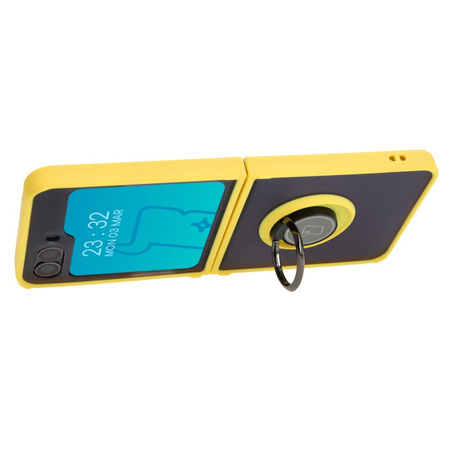 Etui z uchwytem na palec Bizon Case Hybrid Ring do Galaxy Z Flip5, przydymione z żółtą ramką