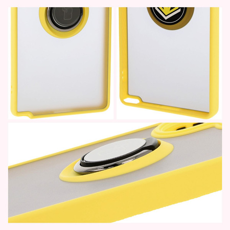 Etui z uchwytem na palec Bizon Case Hybrid Ring do Galaxy S25 Ultra, przydymione z żółtą ramką