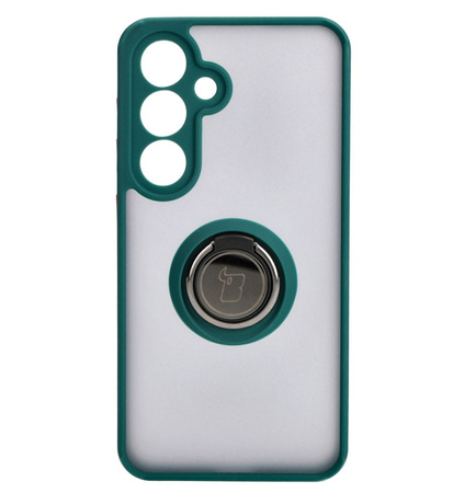 Etui z uchwytem na palec Bizon Case Hybrid Ring do Galaxy S25 / S24, przydymione z ciemnozieloną ramką