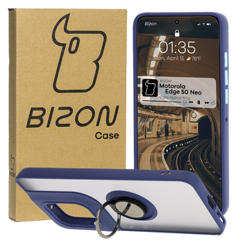 Etui z uchwytem na palec Bizon Case Hybrid Ring do Motorola Edge 50 Neo, przydymione z granatową ramką