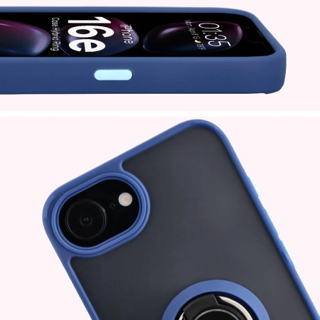 Etui z uchwytem na palec Bizon Case Hybrid Ring do iPhone 16e, przydymione z granatową ramką