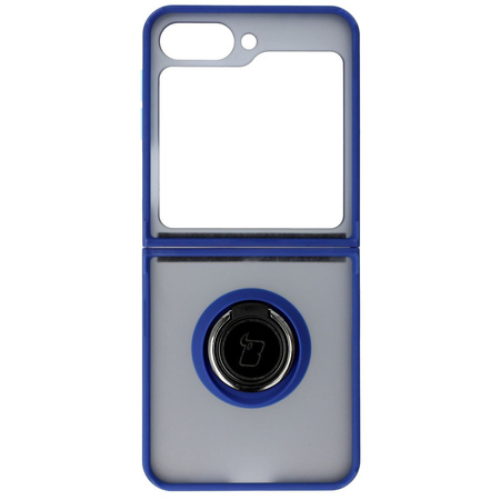 Etui z uchwytem na palec Bizon Case Hybrid Ring do Galaxy Z Flip7 FE / Z Flip6, przydymione z granatową ramką