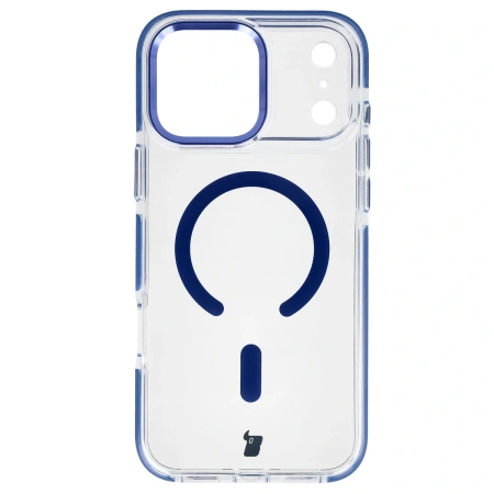 Etui z pierścieniem magnetycznym Bizon Case Marco do iPhone 17 Pro Max, przezroczyste z niebieską ramką