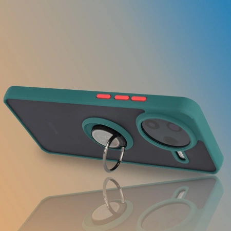 Etui z uchwytem na palec Bizon Case Hybrid Ring do Xiaomi POCO F7 Pro, przydymione z ciemnozieloną ramką