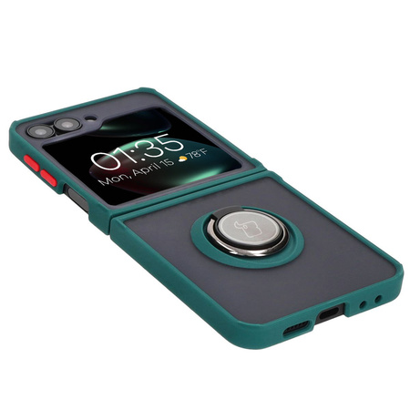 Etui z uchwytem na palec Bizon Case Hybrid Ring do Galaxy Z Flip7 FE / Z Flip6, przydymione z ciemnozieloną ramką