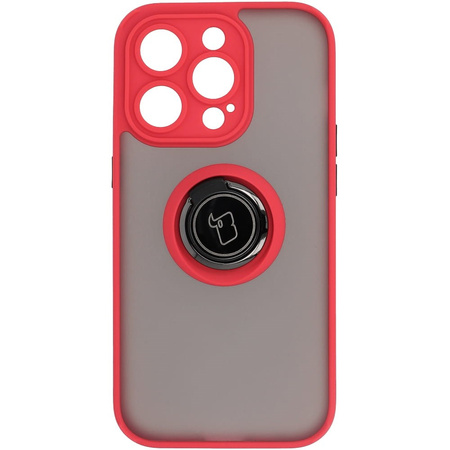 Etui z uchwytem na palec Bizon Case Hybrid Ring do iPhone 14 Pro, przydymione z czerwoną ramką