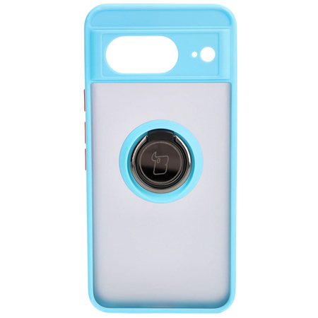 Etui z uchwytem na palec Bizon Case Hybrid Ring do Google Pixel 8, przydymione z jasnoniebieską ramką