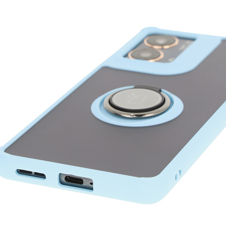 Etui z uchwytem na palec Bizon Case Hybrid Ring do Motorola Moto G85 5G, przydymione z jasnoniebieską ramką