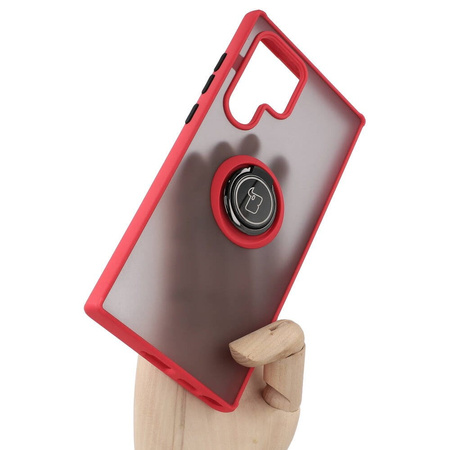 Etui z uchwytem na palec Bizon Case Hybrid Ring do Galaxy S22 Ultra, przydymione z czerwoną ramką