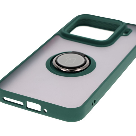 Etui z uchwytem na palec Bizon Case Hybrid Ring do Xiaomi 15, przydymione z ciemnozieloną ramką