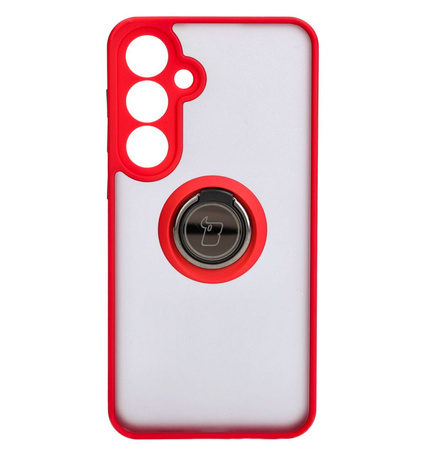 Etui z uchwytem na palec Bizon Case Hybrid Ring do Galaxy S24 Plus, przydymione z czerwoną ramką