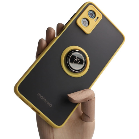 Etui z uchwytem na palec Bizon Case Hybrid Ring do Motorola Moto E22 / E22i, przydymione z żółtą ramką