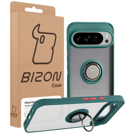 Etui z uchwytem na palec Bizon Case Hybrid Ring do Google Pixel 10 Pro XL, przydymione z ciemnozieloną ramką