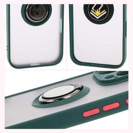 Etui z uchwytem na palec Bizon Case Hybrid Ring do iPhone 16 Pro, przydymione z ciemnozieloną ramką
