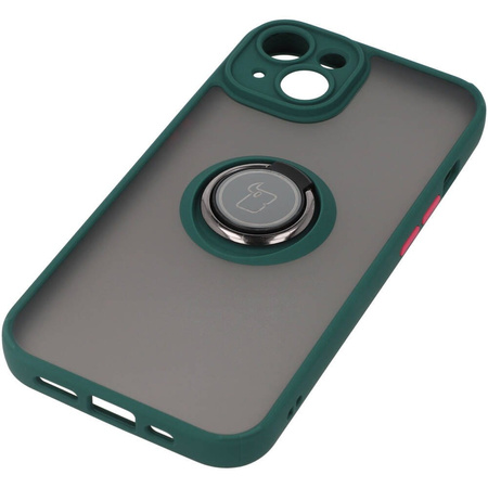 Etui z uchwytem na palec Bizon Case Hybrid Ring do iPhone 14, przydymione z ciemnozieloną ramką