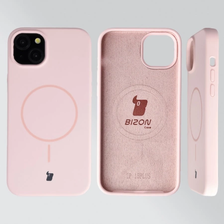 Silikonowe etui z pierścieniem magnetycznym Bizon Soft Case Magnetic do iPhone 15 Plus/14 Plus, jasnoróżowe