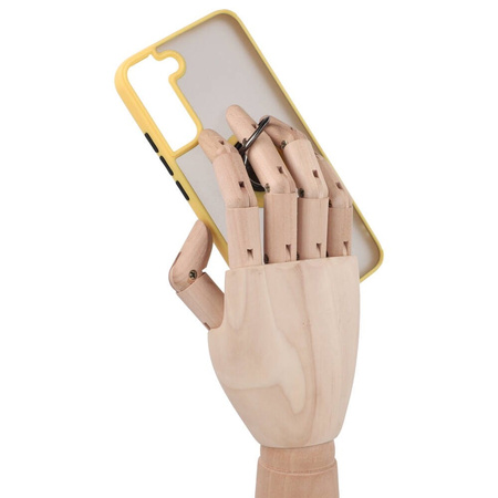 Etui z uchwytem na palec Bizon Case Hybrid Ring do Galaxy S22 Plus, przydymione z żółtą ramką