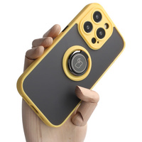 Etui z uchwytem na palec Bizon Case Hybrid Ring do iPhone 14 Pro, przydymione z żółtą ramką