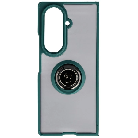 Etui z uchwytem na palec Bizon Case Hybrid Ring do Galaxy Z Fold7, przydymione z ciemnozieloną ramką