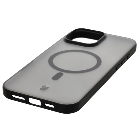 Etui z pierścieniem magnetycznym Bizon Case MatteO do iPhone 16 Pro Max, półprzezroczyste z czarną ramką