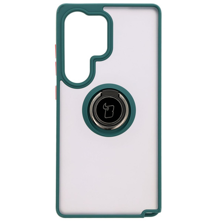 Etui z uchwytem na palec Bizon Case Hybrid Ring do Galaxy S25 Ultra, przydymione z ciemnozieloną ramką