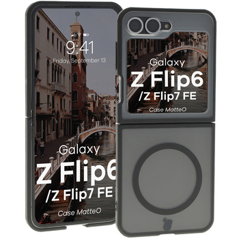Etui z pierścieniem magnetycznym Bizon Case MatteO do Galaxy Z Flip6, półprzezroczyste z czarną ramką