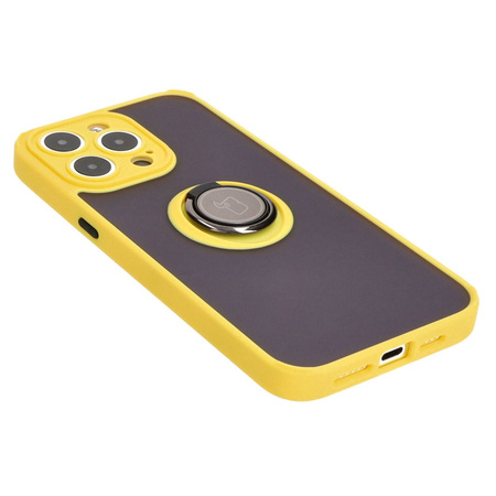 Etui z uchwytem na palec Bizon Case Hybrid Ring do iPhone 15 Pro Max, przydymione z żółtą ramką
