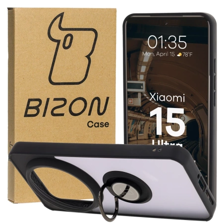 Etui z uchwytem na palec Bizon Case Hybrid Ring do Xiaomi 15 Ultra, przydymione z czarną ramką