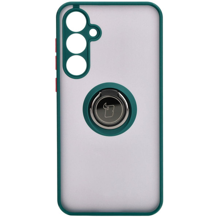 Etui z uchwytem na palec Bizon Case Hybrid Ring do Galaxy A55 5G, przydymione z ciemnozieloną ramką