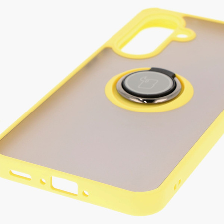 Etui z uchwytem na palec Bizon Case Hybrid Ring do Galaxy A56 5G, przydymione z żółtą ramką