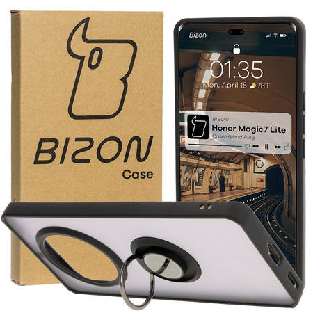 Etui z uchwytem na palec Bizon Case Hybrid Ring do Honor Magic7 Lite, przydymione z czarną ramką