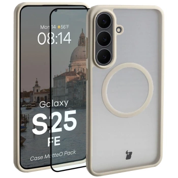 Etui z pierścieniem magnetycznym + szkło hartowane Bizon MatteO Pack do Galaxy S25 FE, przydymione-beżowe