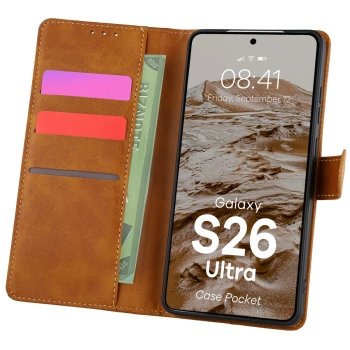 Etui z klapką Bizon Case Pocket do Galaxy S26 Ultra, brązowe