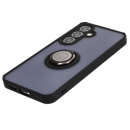Etui z uchwytem na palec Bizon Case Hybrid Ring do Galaxy S24, przydymione z czarną ramką