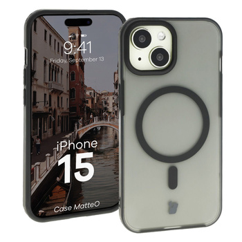 Etui z pierścieniem magnetycznym Bizon Case MatteO do iPhone 15, półprzezroczyste z czarną ramką