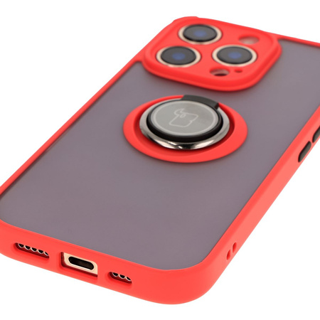 Etui z uchwytem na palec Bizon Case Hybrid Ring do iPhone 16 Pro, przydymione z czerwoną ramką
