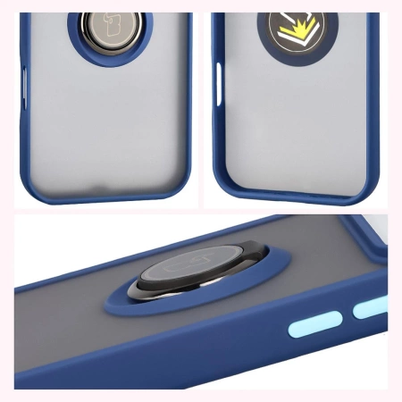 Etui z uchwytem na palec Bizon Case Hybrid Ring do iPhone 17 Pro Max, przydymione z granatową ramką