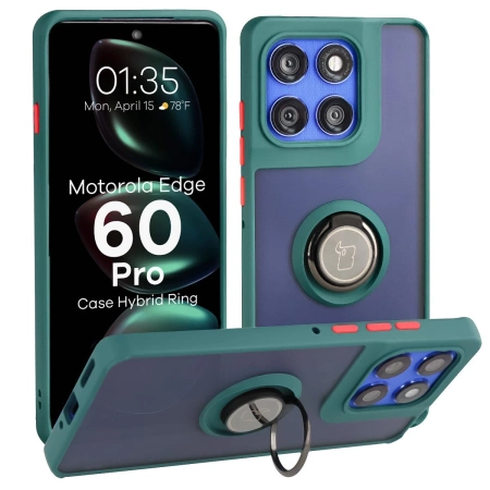 Etui z uchwytem na palec Bizon Case Hybrid Ring do Motorola Edge 60 Pro, przydymione z ciemnozieloną ramką