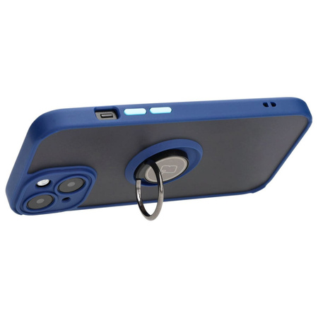 Etui z uchwytem na palec Bizon Case Hybrid Ring do iPhone 15, przydymione z granatową ramką