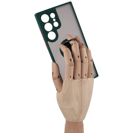 Etui z uchwytem na palec Bizon Case Hybrid Ring do Galaxy S23 Ultra, przydymione z ciemnozieloną ramką