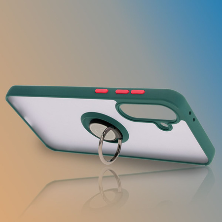 Etui z uchwytem na palec Bizon Case Hybrid Ring do Galaxy A36 5G / A56 5G, przydymione z ciemnozieloną ramką