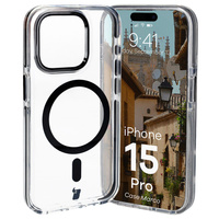 Etui z pierścieniem magnetycznym Bizon Case Marco do iPhone 15 Pro, przezroczyste z czarną ramką