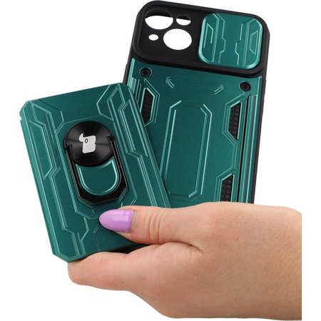 Etui Bizon Case Camshield Card Slot Ring do iPhone 14 Plus, zielone
