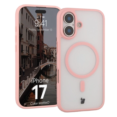 Etui z pierścieniem magnetycznym Bizon Case MatteO do iPhone 17, przydymione-jasnoróżowe