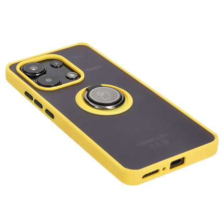 Etui z uchwytem na palec Bizon Case Hybrid Ring do Xiaomi Redmi Note 13 4G, przydymione z żółtą ramką