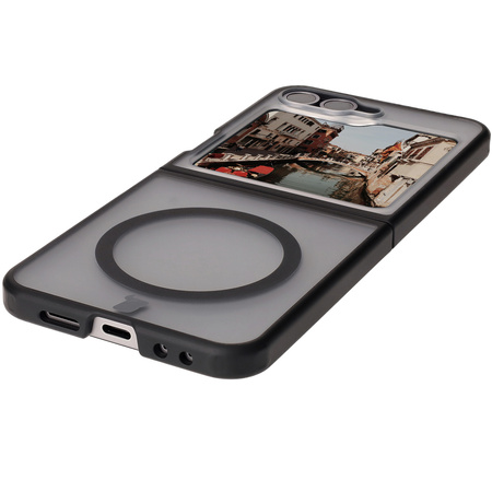 Etui z pierścieniem magnetycznym Bizon Case MatteO do Galaxy Z Flip6, półprzezroczyste z czarną ramką