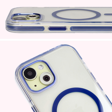 Etui z pierścieniem magnetycznym Bizon Case Marco do iPhone 15, przezroczyste z niebieską ramką