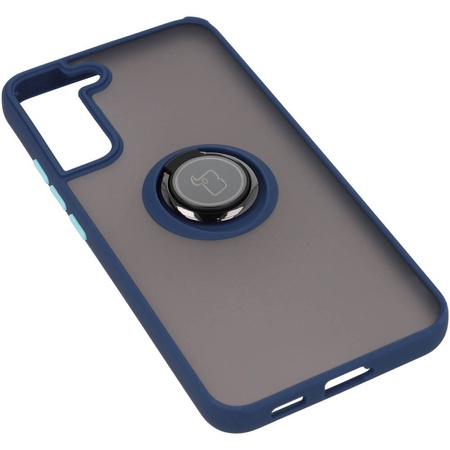 Etui z uchwytem na palec Bizon Case Hybrid Ring do Galaxy S22 Plus, przydymione z granatową ramką