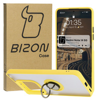 Etui z uchwytem na palec Bizon Case Hybrid Ring do Xiaomi Redmi Note 14 5G, przydymione z żółtą ramką