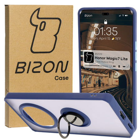 Etui z uchwytem na palec Bizon Case Hybrid Ring do Honor Magic7 Lite, przydymione z granatową ramką